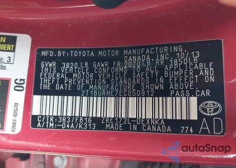 2014 Toyota Corolla Le из США, поврежденный, VIN 2T1BURHE7EC050912